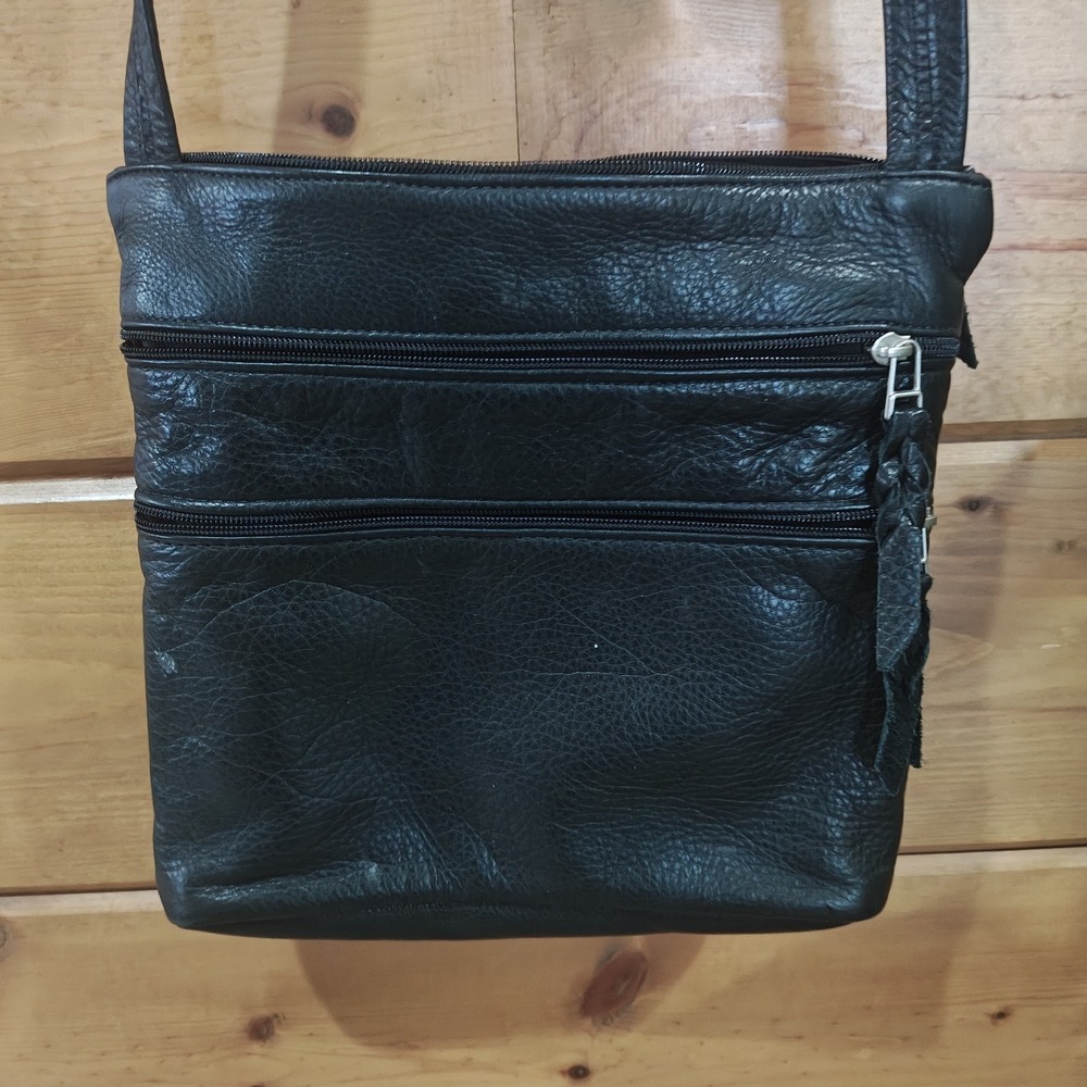 SAS Crossbody Purse Bag Black Pebbled Leather Small Zippered Top Made In USA ZA4 - Picture 2 of 10